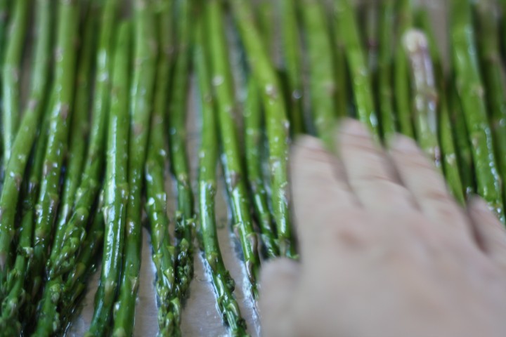 Olive oil helps the asparagus develop browned, crisp tips.