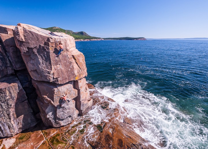 Rock climbing at Otter Cliffs, the most spectacular oceanfront climbing route on the East Coast. 