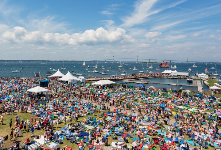 Folk-music fans gather in Newport’s Fort Adams State Park on the shore of Newport Harbor.