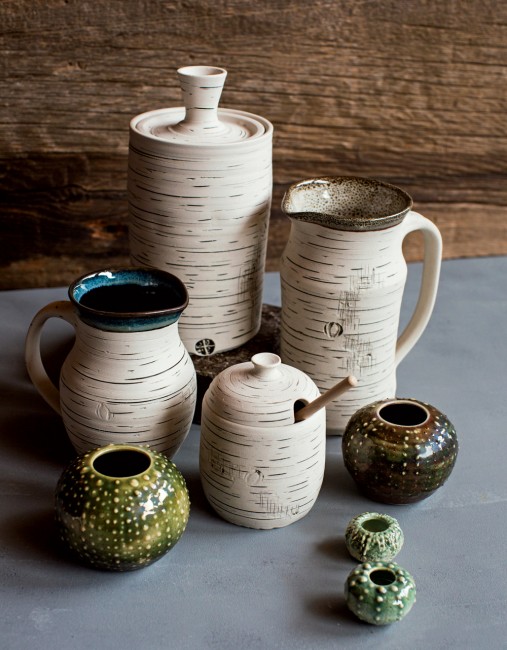 Shari’s delicate birch pots appear wrapped in a layer of bark; her sea urchins sparkle with shimmery glazes.