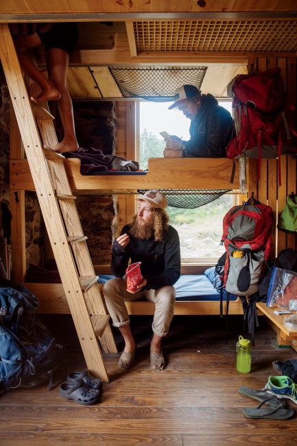 Day 8 Jarrod and Dom relax in their bunks at Madison Spring Hut. Each day they recorded observations from their journey. After sitting with two brothers at breakfast, Jarrod wrote: “I thought about what it would be like to have a brother to hike with all the time … I guess that’s why I have a Dom.”