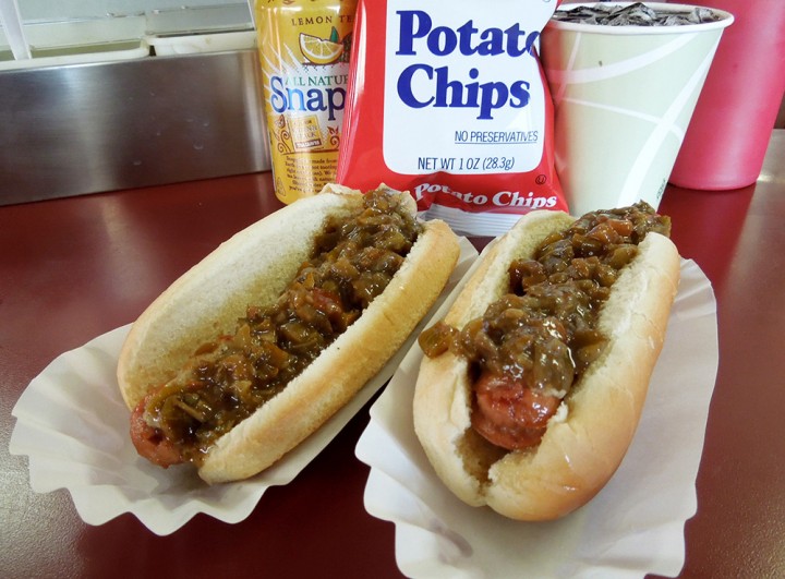 Two dogs with spicy relish at Blackie’s.