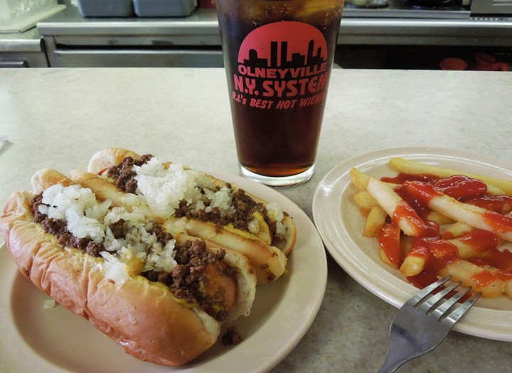 A pair of Olneyville New York System hot wieners.