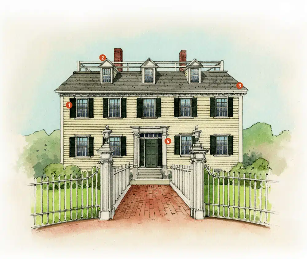 A large yellow Georgian house with black shutters, a brick walkway, and a white gate in front.