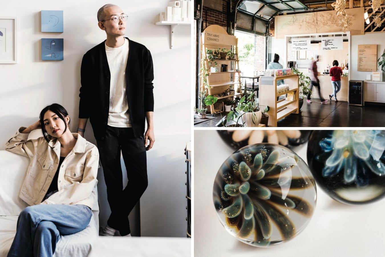 Slow Hands Studio partners Sam Kim and Leena Cho (left), whose wares include hand- crafted jewelry and ceramics; Tiny Arms Coffee Roasters (upper right); hand-blown glass marbles by Peter Zimmerman (lower right)