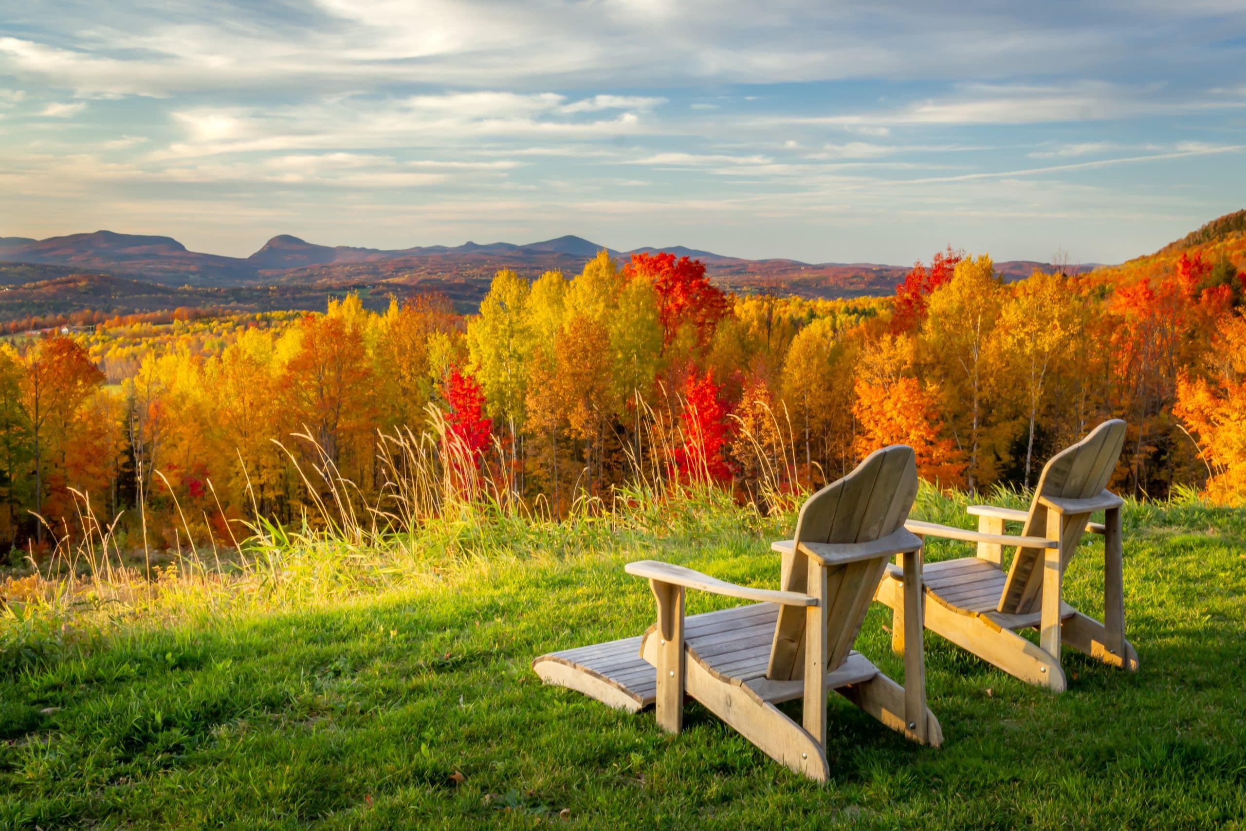 Adirondack,Chairs,Overlooking,Autumn,Scene,In,Mountain,Valley,,Burke,Vermont