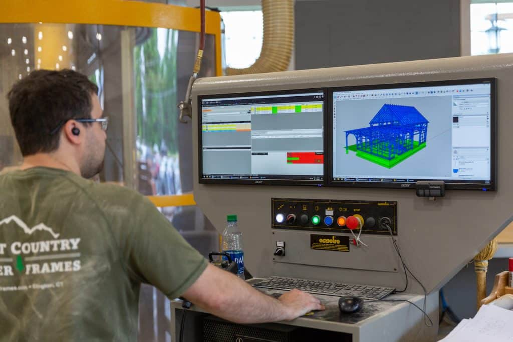 CAD files are imported into one of the The Barn Yard’s state-of-the-art CNC machines, which will cut the timber frame components with a precision of 1/100th of an inch.
