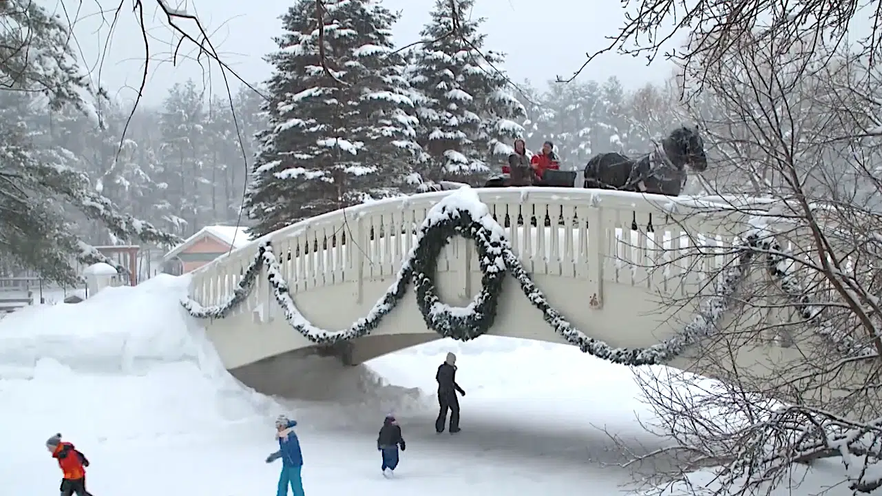 Ice skaters under a bridge.