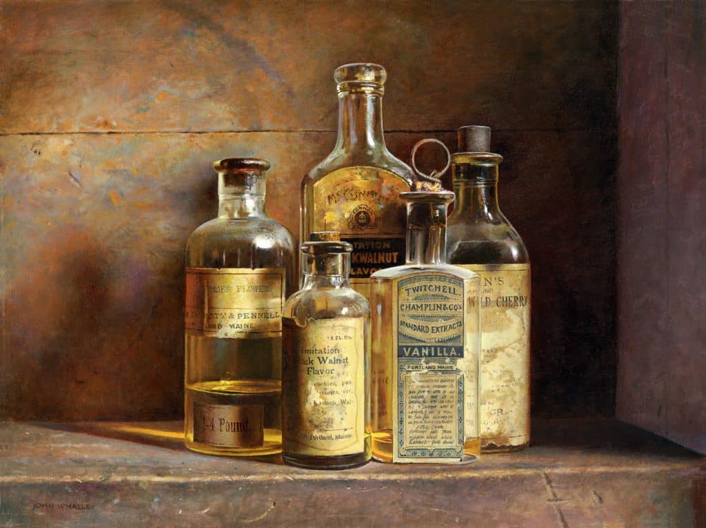 painting of antique glass bottles