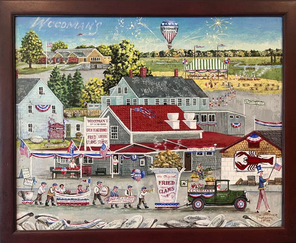 A quaint, detailed painting showcases Woodman's of Essex, a busy seafood restaurant with multiple buildings, festive banners, a parade with a fried clams banner, and a green delivery truck in a rural town setting.