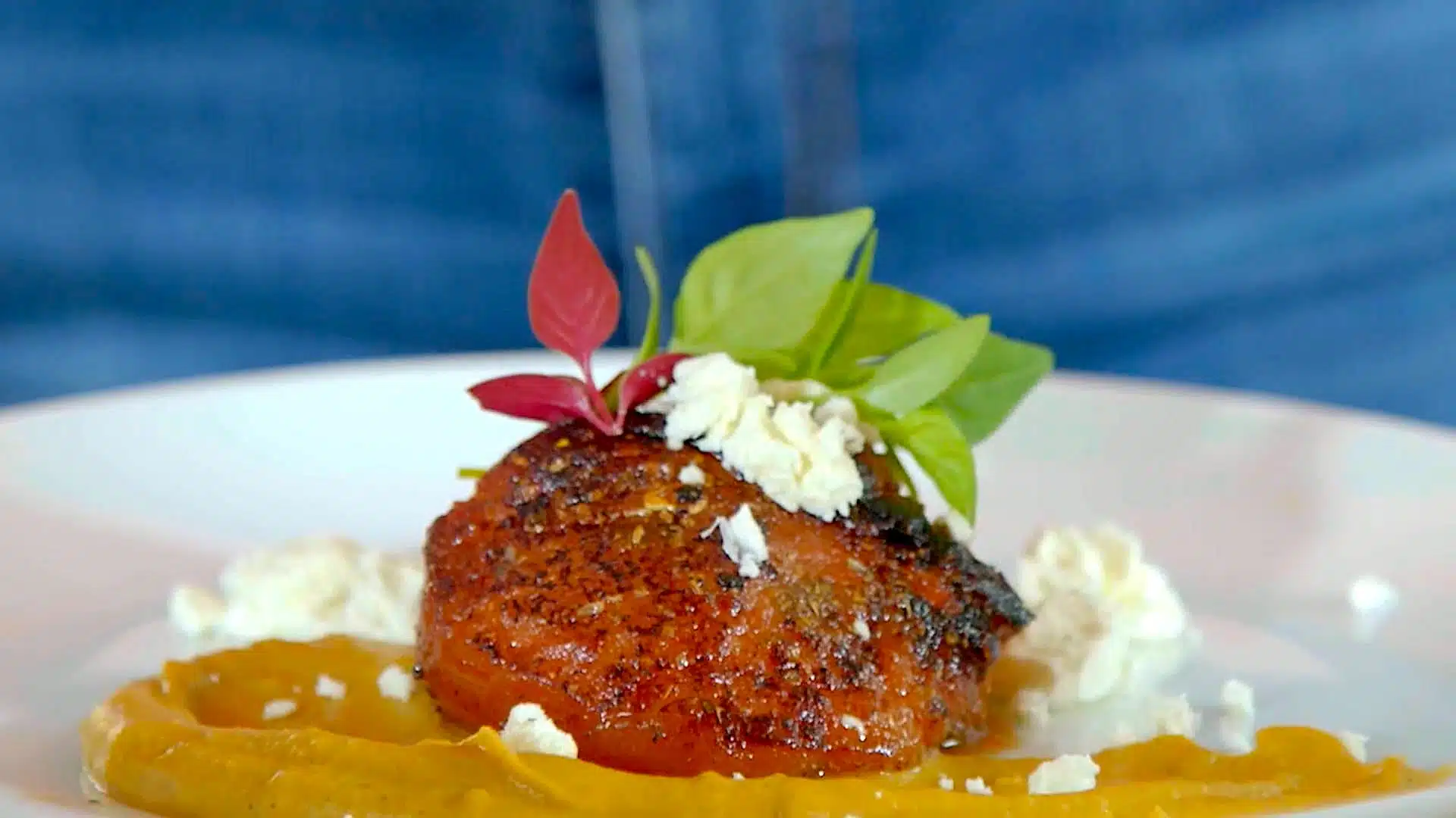 braised watermelonn with feta, squash puree, and microgreens.