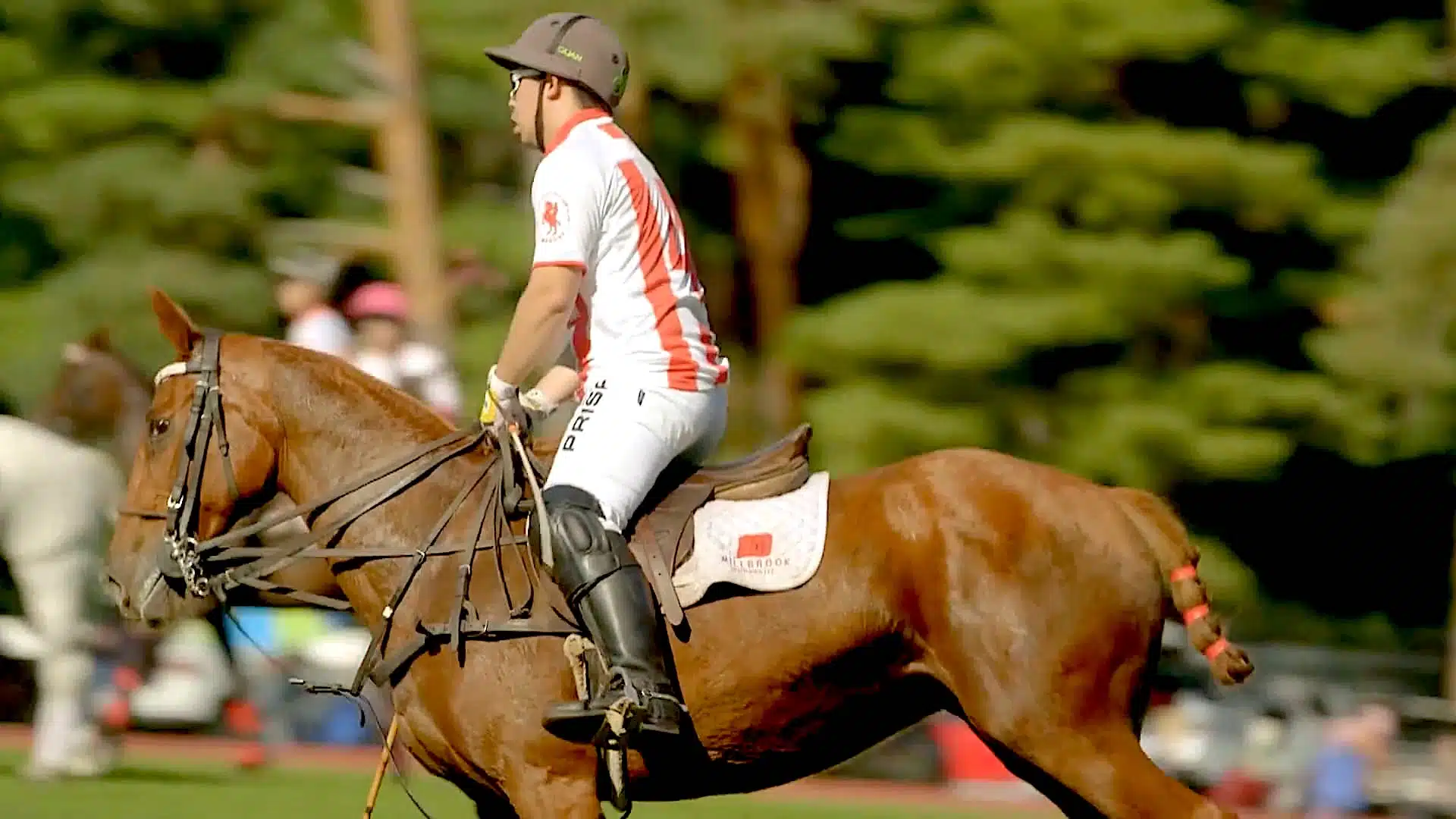 man playing polo on horseback.