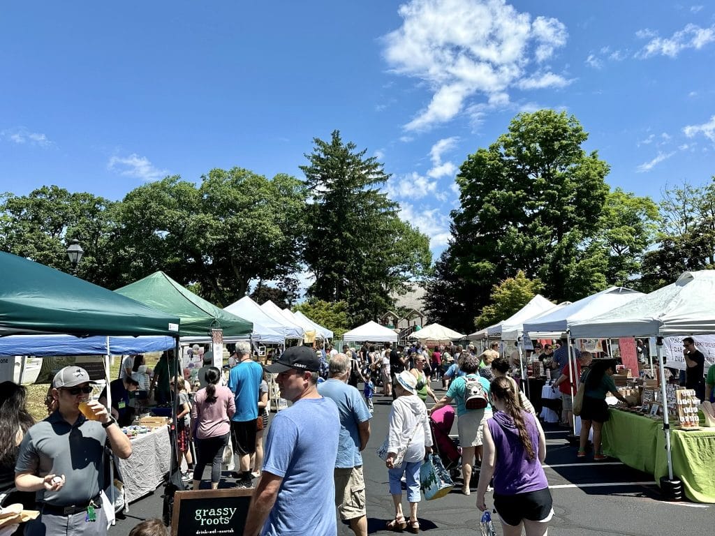 A bustling outdoor market on a sunny day, with numerous stalls under tents and people walking and shopping along the pathway. Trees and a blue sky are visible in the background.