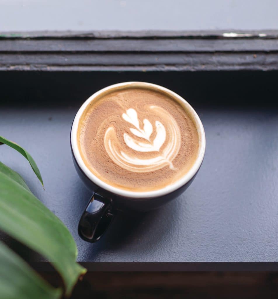 A cup of coffee with a latte art design sits on a gray surface beside a green plant.