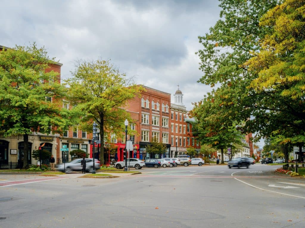 A street view of a small town with brick buildings, parked cars, and leafy trees on a cloudy day.