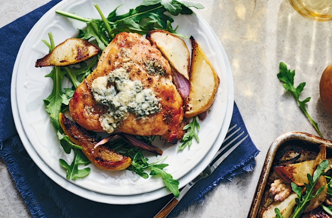 Sheet Pan Chicken with Pears, Onion, Walnuts, and Blue Cheese