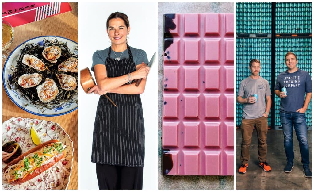 Collage: Oyster and hot dog dishes, a smiling chef holding a bowl, a bar of chocolate, and two people holding drinks in front of a beer display.