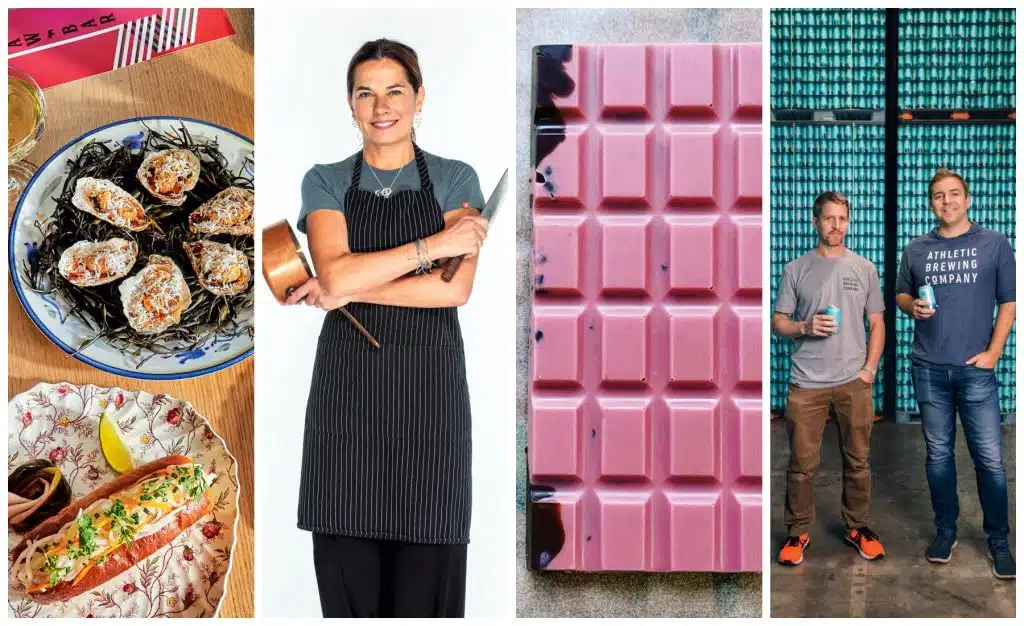 Collage: Oyster and hot dog dishes, a smiling chef holding a bowl, a bar of chocolate, and two people holding drinks in front of a beer display.