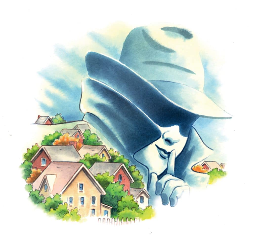 A mysterious figure wearing a hat and coat holds a finger to their lips, symbolizing secrecy, with a backdrop of houses and trees.