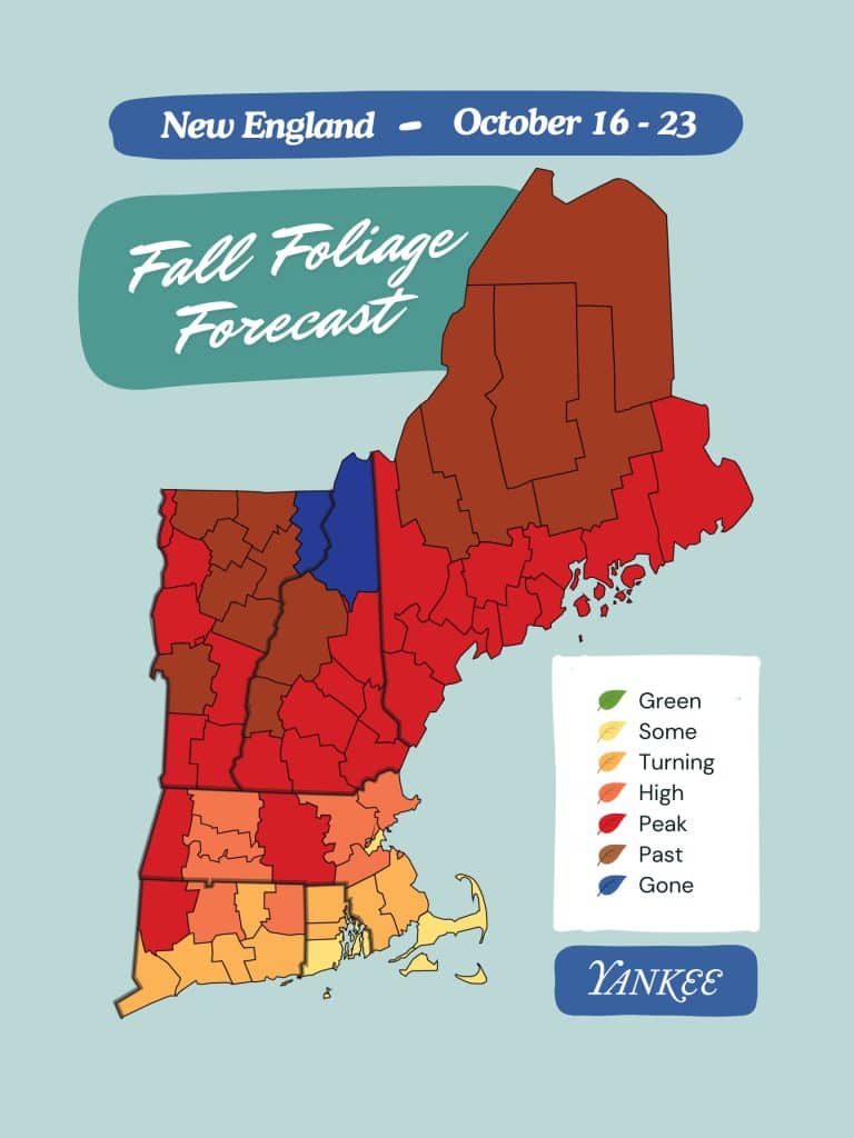 Map of New England fall foliage forecast, October 16-23. Includes color-coded regions from green to past peak.