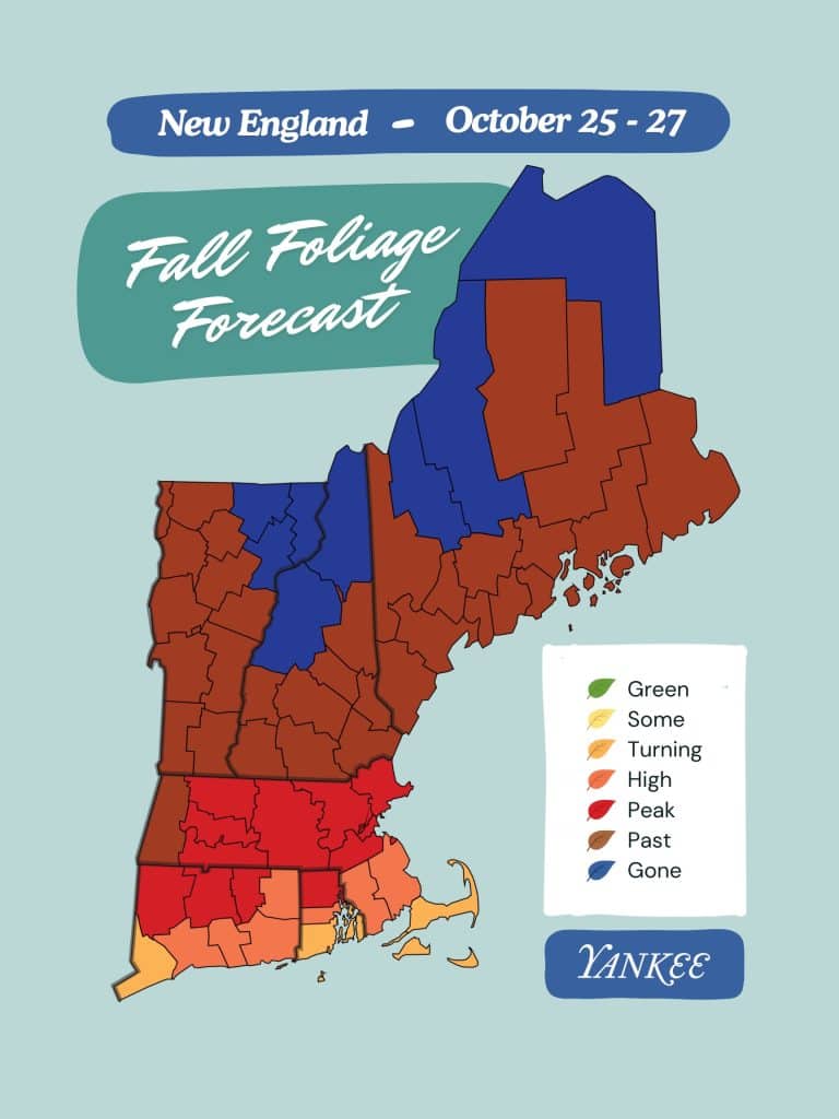 Map of New England showing fall foliage forecast from October 25-27 with color-coded regions indicating stages from green to past peak.