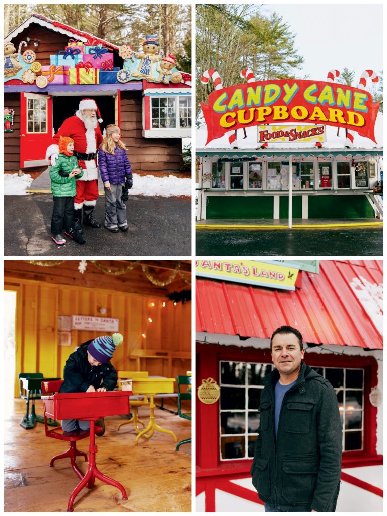 A collage with a Santa encounter, a candy store, a child playing indoors, and a man at a red kiosk in festive surroundings.