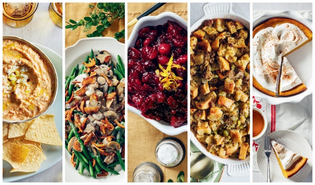 A collage of five Thanksgiving dishes: hummus, green beans with mushrooms, cranberry sauce, stuffing, and a pie with whipped cream.