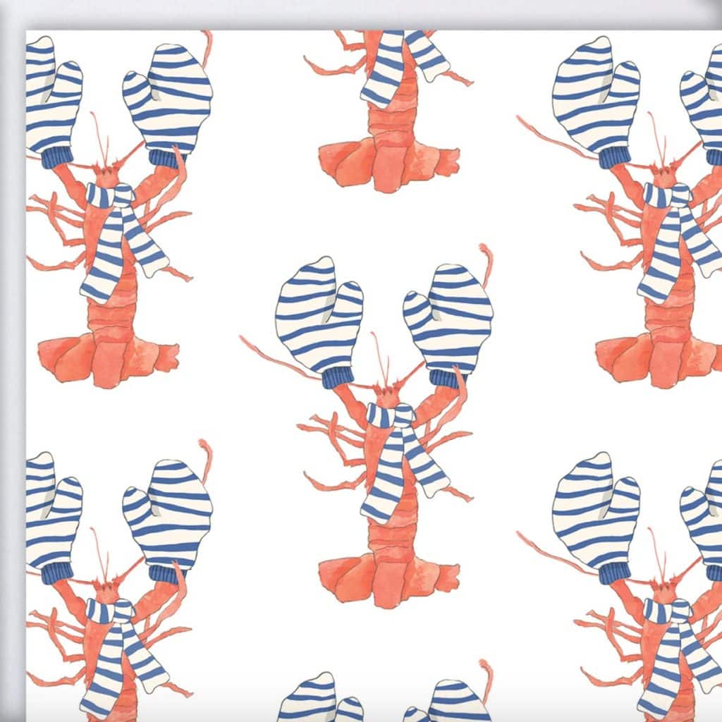 Pattern of lobsters wearing striped scarves and mittens on a white background.