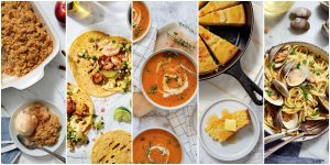 A collage of various dishes including apple crumble with ice cream, shrimp tacos, bisque, cornbread, and pasta with clams.
