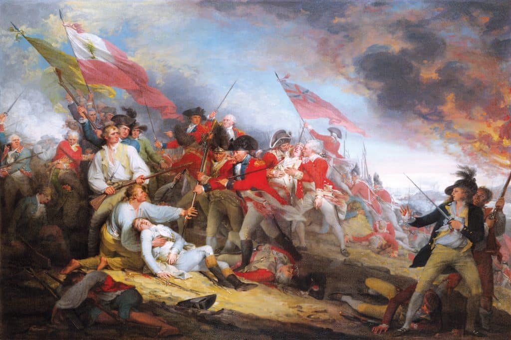 Painting depicting a chaotic battle scene with soldiers in red and blue uniforms engaging in combat, flags waving, and smoke rising in the background.