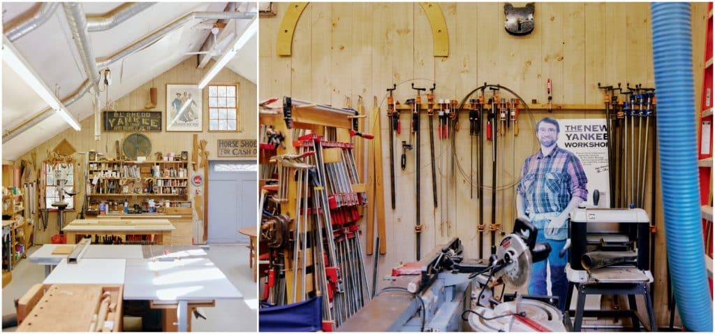 Woodworking workshop interior with tools, clamps, and equipment lining the walls. A cardboard cutout of a person is positioned among the tools.