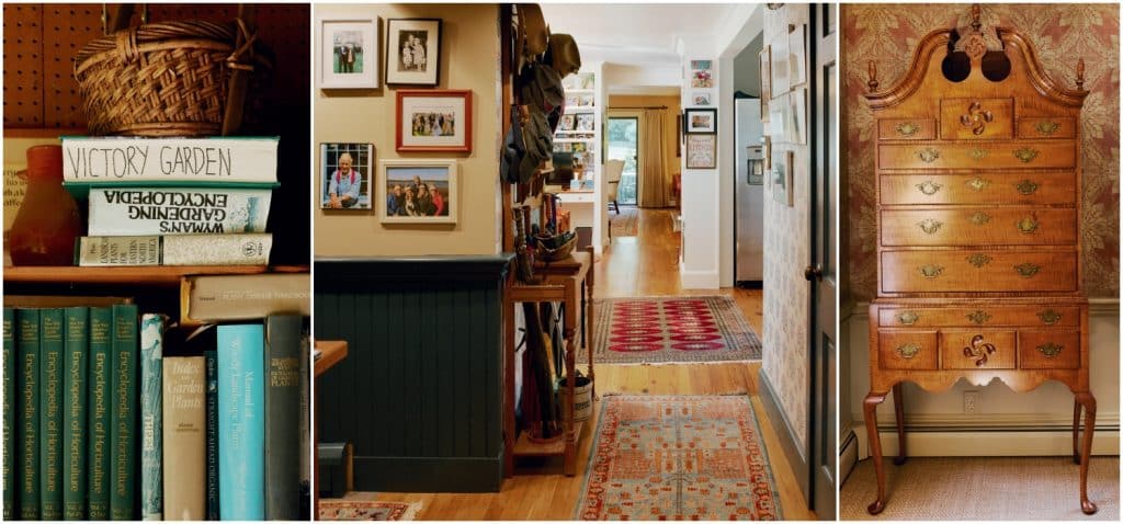 Collage of three images: Left, books on a shelf; center, a hallway with family photos and hats; right, an ornate wooden chest with drawers.