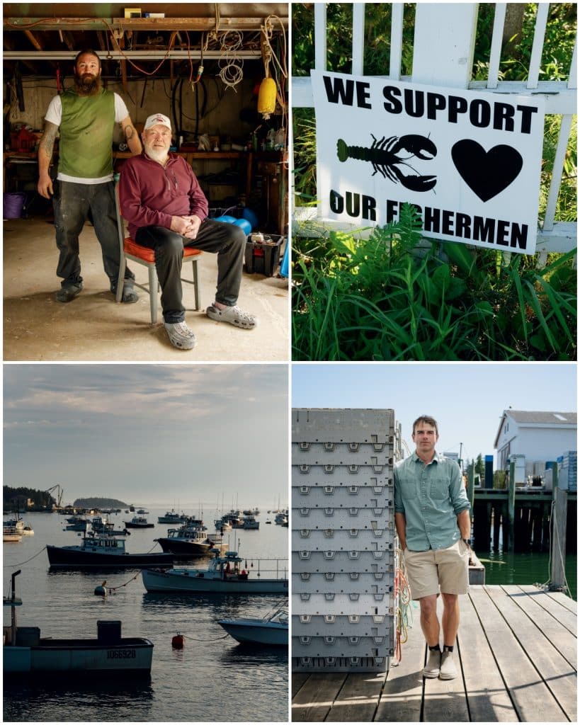 A man stands while another sits in a workshop; a "We Support Our Fishermen" sign with a lobster symbol; moored fishing boats; a man leaning on stacked traps on a dock.