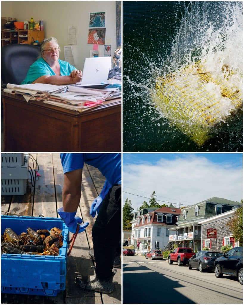 A collage shows a woman at a desk, a lobster trap hitting water, lobsters in a crate, and a street with shops and cars.