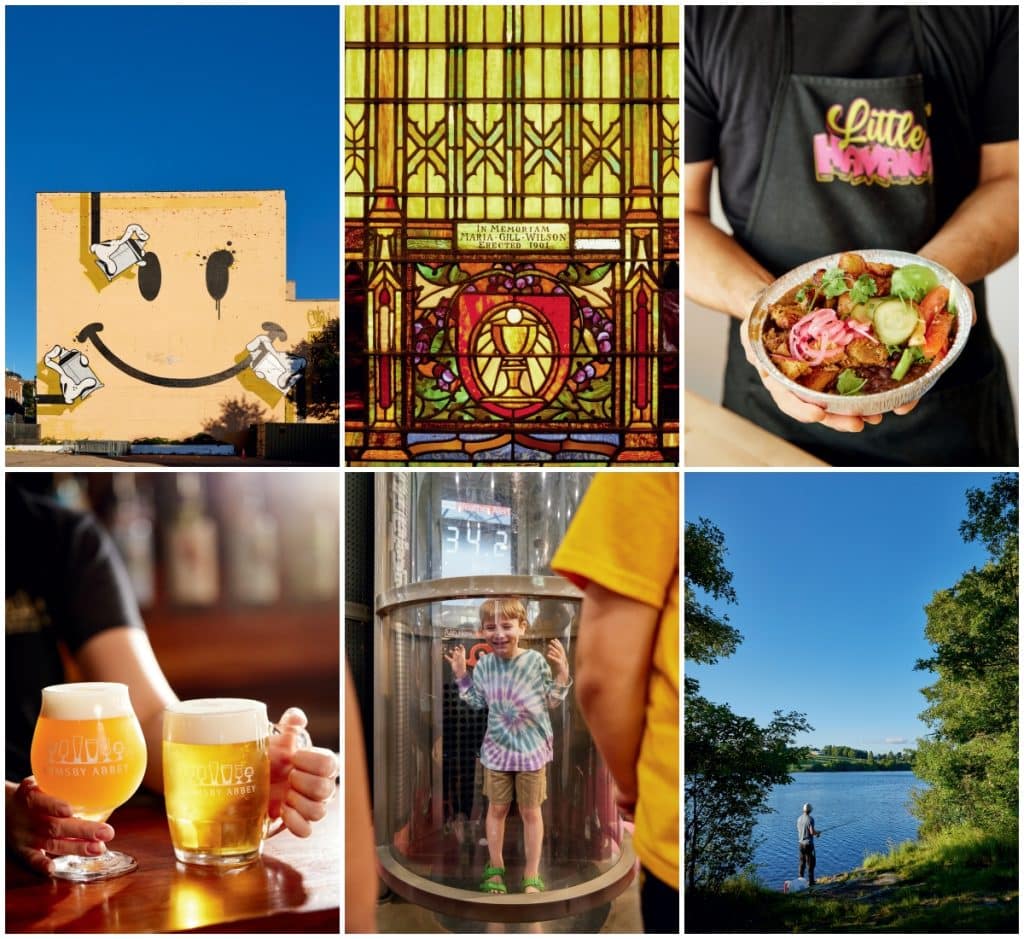 Collage: Street art smile, stained glass, person holding salad bowl, two beer glasses, child in wind tunnel, person fishing by a lake.