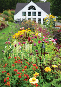 A lush, colorful flower garden with various blooming plants leads up to a white house with large windows and a gabled roof in the background.