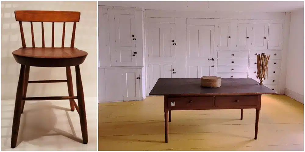 A wooden chair with a spindle back is shown on the left; on the right, a simple wooden table and round box are set in a room with yellow floors and white cabinets.