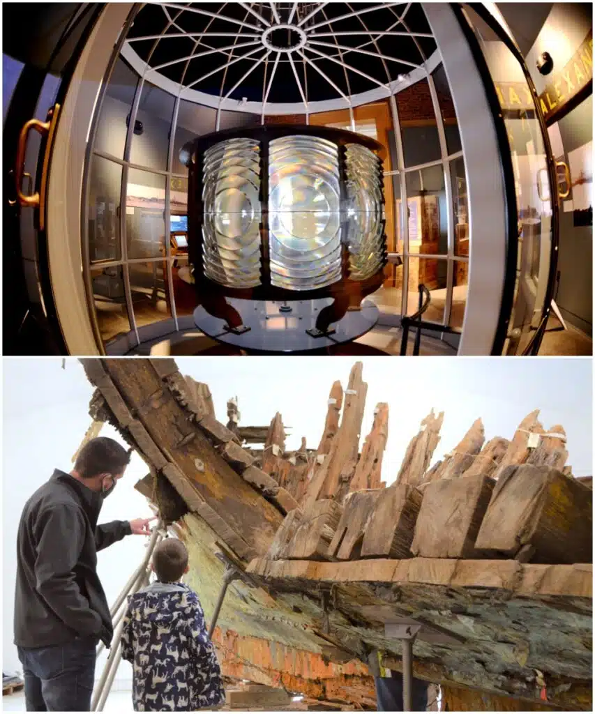 Top: A large Fresnel lens displayed in a museum exhibit. Bottom: An adult and a child observe the wooden remains of a shipwreck.