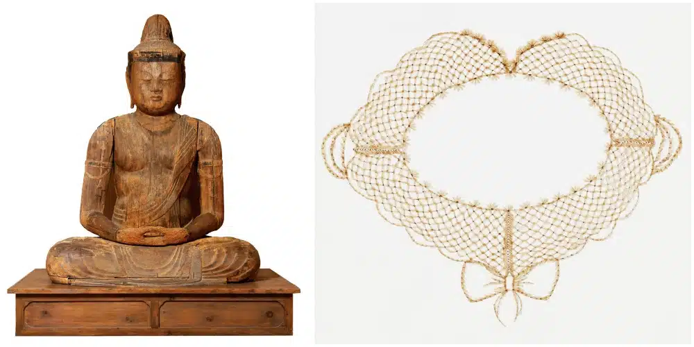 Hidden Gems in New England Museums. A wooden statue of a seated Buddha next to a delicate, oval-shaped lace doily with bow details on a white background.