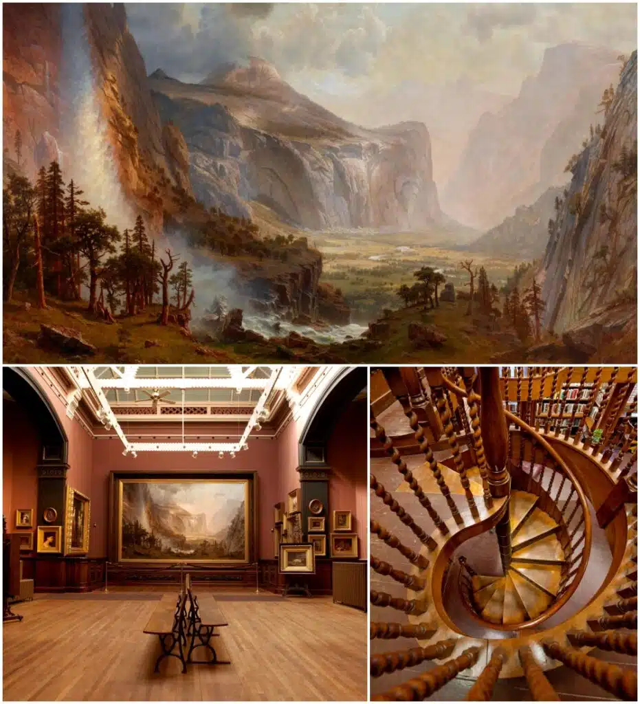 A collage shows a large landscape painting, a museum gallery with artworks and benches, and a wooden spiral staircase viewed from above.