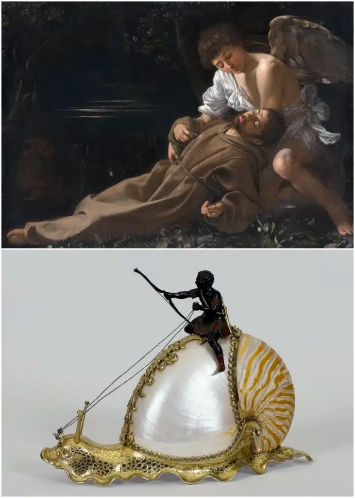 Top: A painting of an angel supporting a fainting man in brown robes. Bottom: An ornate shell vessel with a small dark figurine holding a spear, mounted on gold.