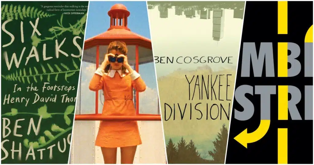 A collage of four book covers, each featuring distinct typography and imagery, including nature, a person in an orange outfit, a cityscape, and bold directional arrows.