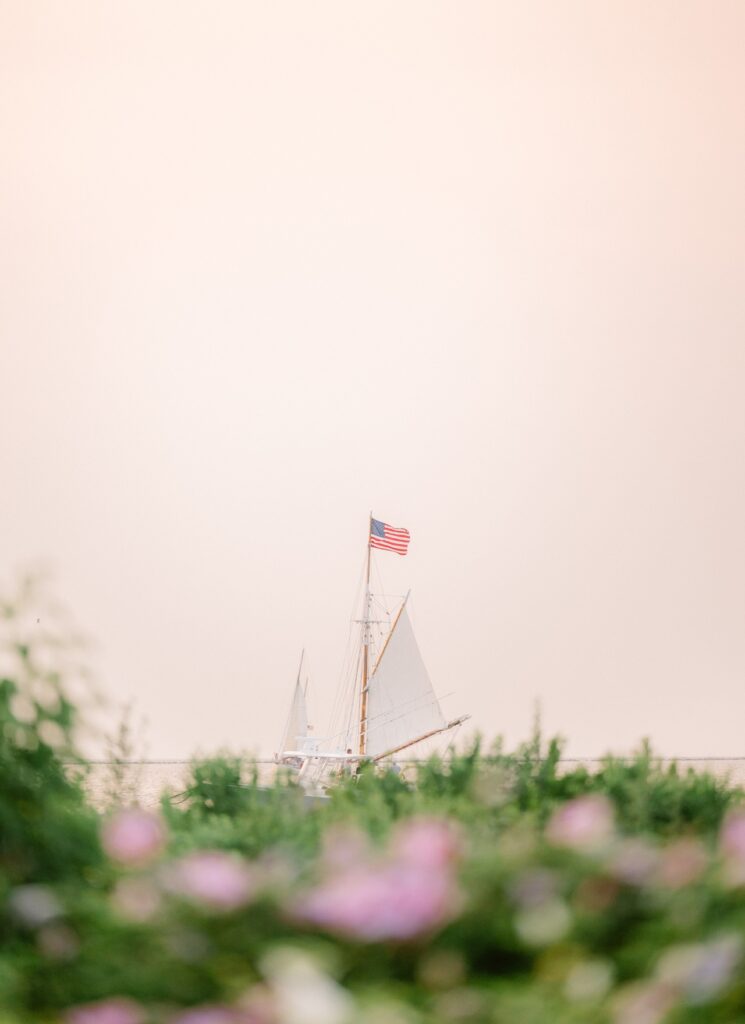 A sailboat with an American flag is partially visible above green foliage and pink flowers under a pale sky.