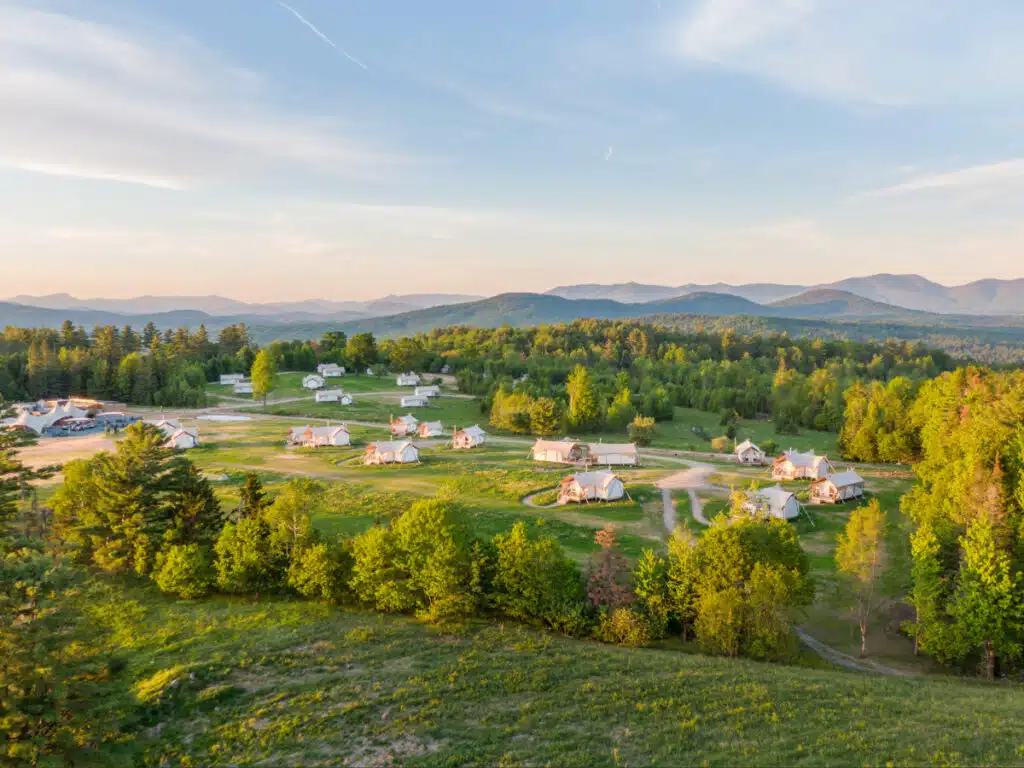 Aerial view of tents and cabins at Under Canvas White Mountains in New Hampshire