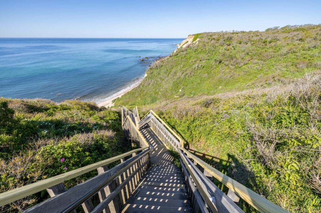 Wooden stairs descend a grassy cliff toward a sandy beach and calm blue ocean under a clear sky.