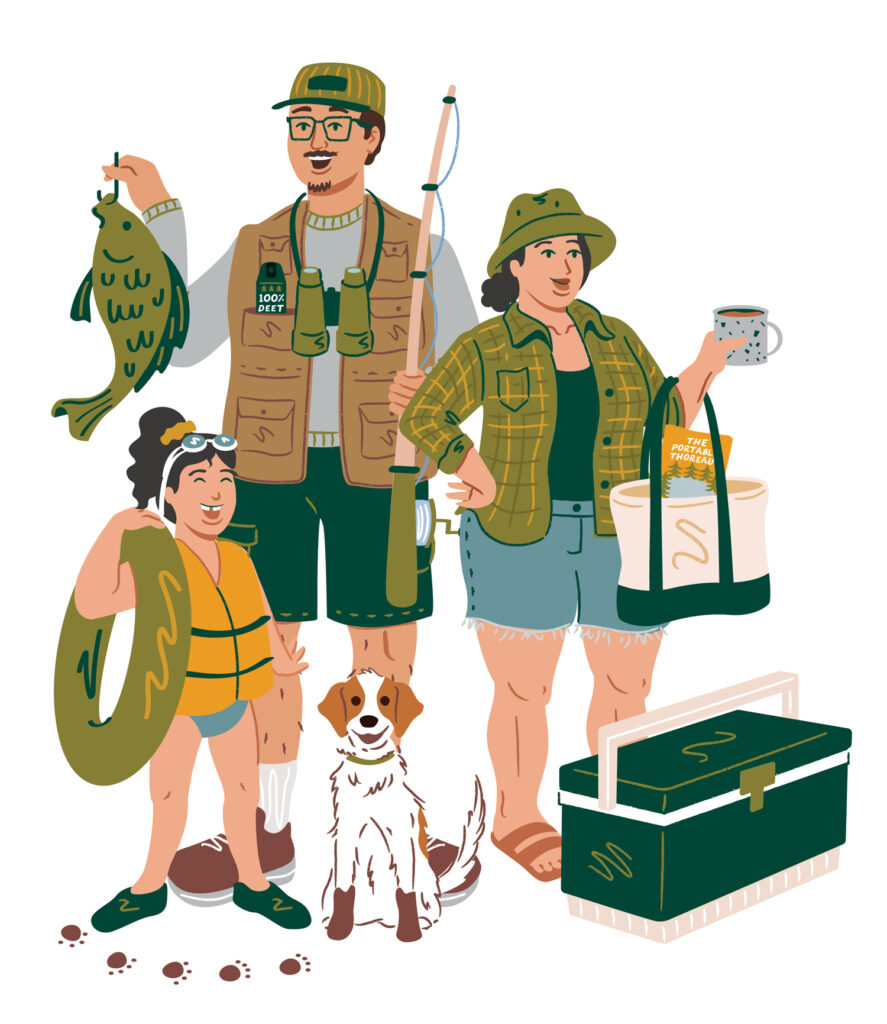 The Waterculturalists. A family of three and a dog pose with fishing gear; the man holds a large fish and rod, the woman carries a mug and tote, and the girl wears a life jacket and holds an inner tube.