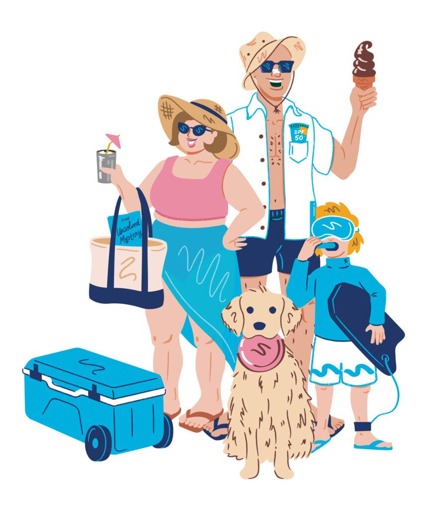 The Waterculturalists. A family of three with a dog stands together dressed in summer attire, holding beach items, an ice cream, and a drink, with a cooler on the ground beside them.