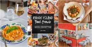 A collage featuring plated dishes, drinks, a restaurant interior, and a book titled "Rhode Island Food Crawl" highlighting various Rhode Island dining experiences.
