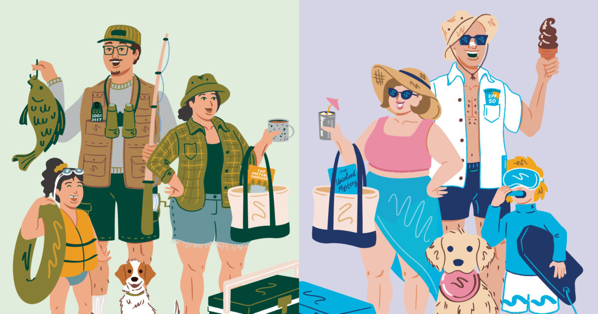 Two families pose for photos: one dressed for fishing and camping with gear and a dog, the other dressed for the beach with swimsuits, hats, drinks, ice cream, and a different dog.