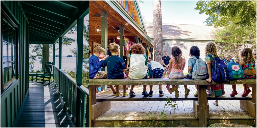 Left: A wooden porch with rocking chairs overlooking water. Right: A group of children with backpacks sitting on a porch, facing an adult near a building.